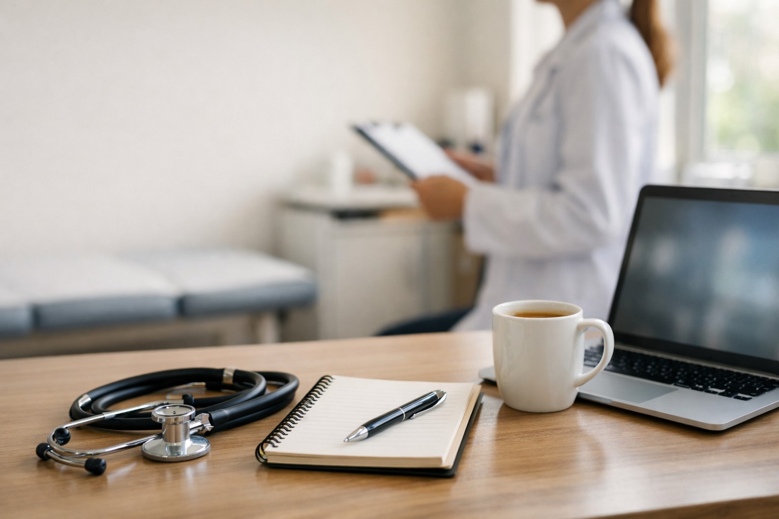 Gabinet lekarski w Polsce – biurko lekarza ze stetoskopem, laptopem i kawą, ubezpieczenie OC lekarza
