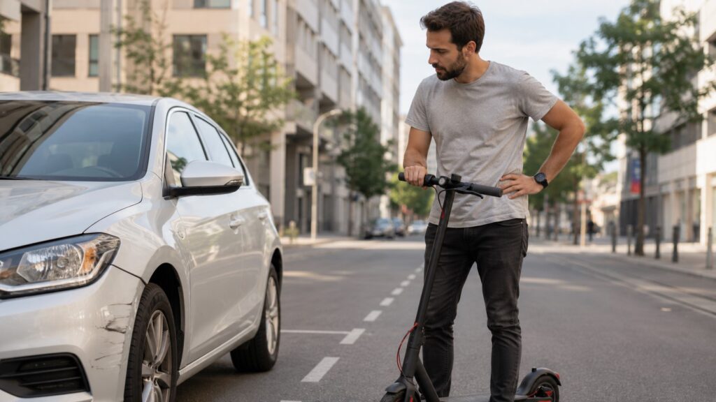 Wypadek na hulajnodze elektrycznej i uszkodzony samochód.